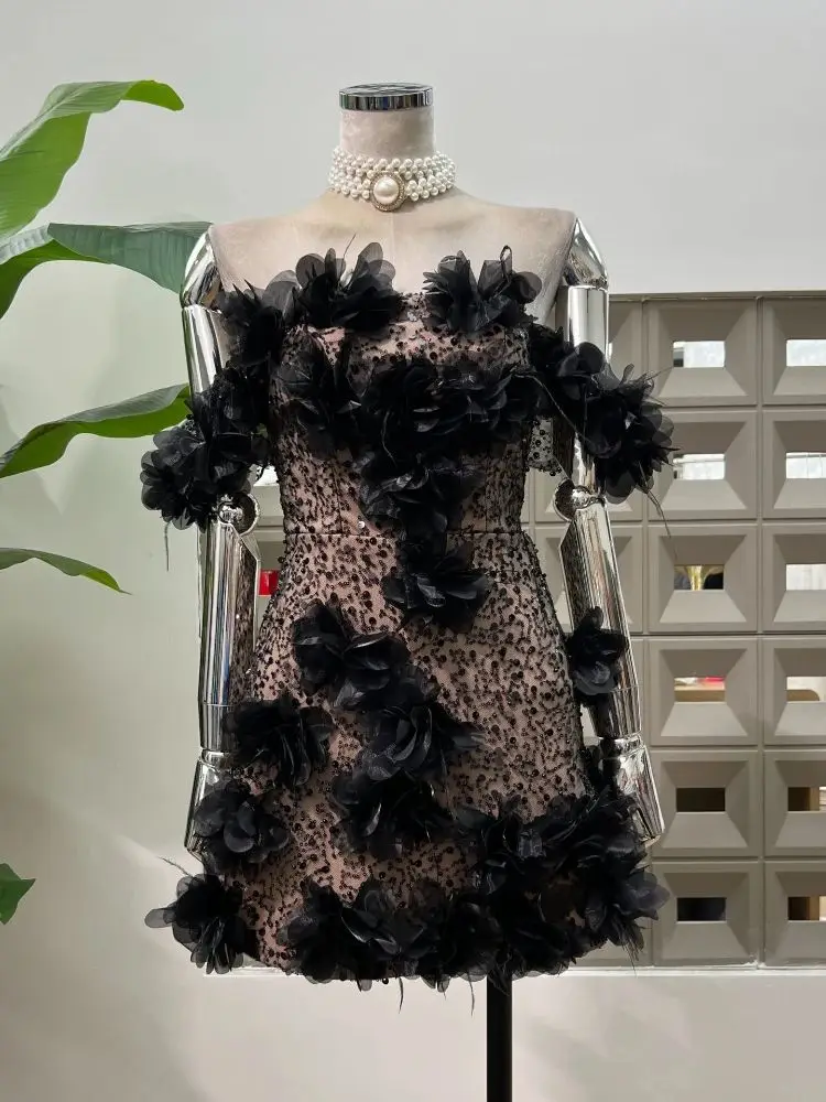 

Women Glitter Sexy Beaded Floral Embroidered Off Shoulder Party Evening Mini Dresses Fashion Chic Night Club Festival Dress