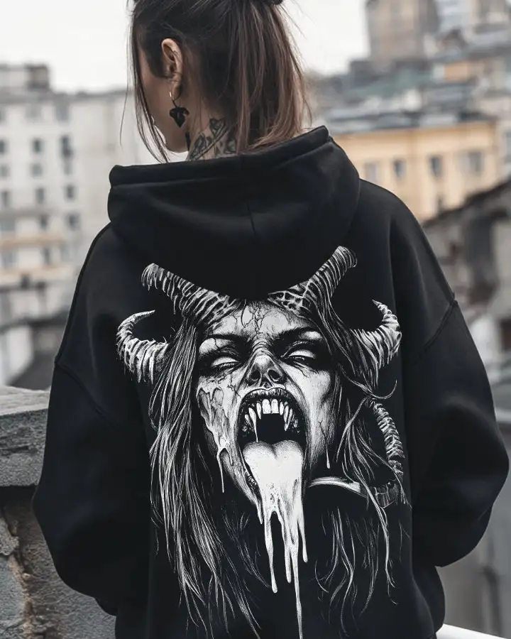 Men's Hoodie Gothic Devil Horn Women's Print Horror Dark Art Pattern Death Metal Punk Street Wear Men's Top