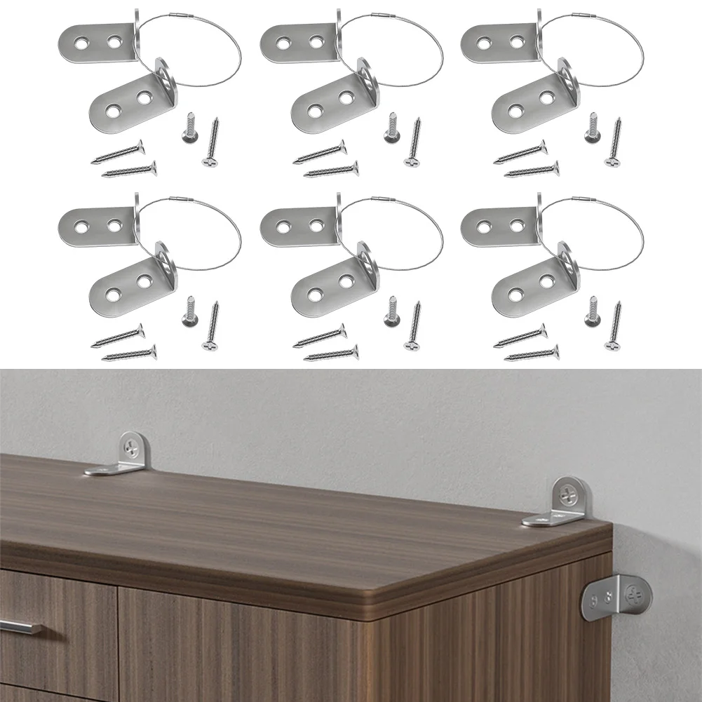 

6 Set Furniture Safety Anti Tipping Devices with Steel Cables and Iron Brackets to Prevent Tip Over of Cabinets and Furniture