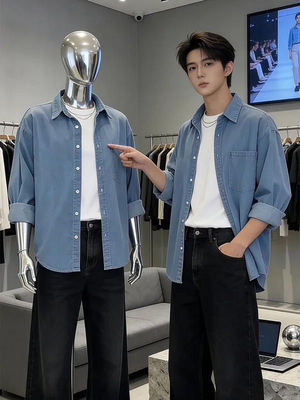 Light Blue Workwear Denim Shirt Men's High-End Feeling Cool Long Sleeve Collared Work Jacket American Style Layering Shirt