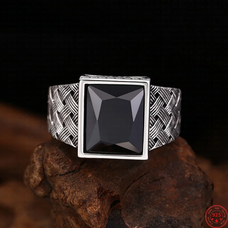 

S925 Sterling Silver Charms Rings for Men Women Retro Woven Pattern Inlaid Tangent Plane Zircon Fashion Jewelry Wholesale ﻿