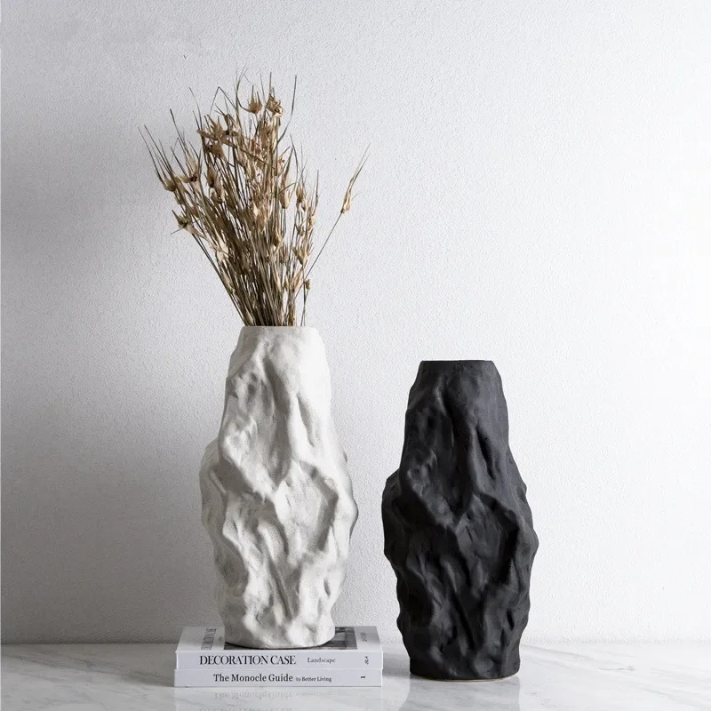 Irregular Ceramic Vase Black and White Abstract Simulation Stone Coral Flower Vase Ceramic Handicraft Ornaments Decoration