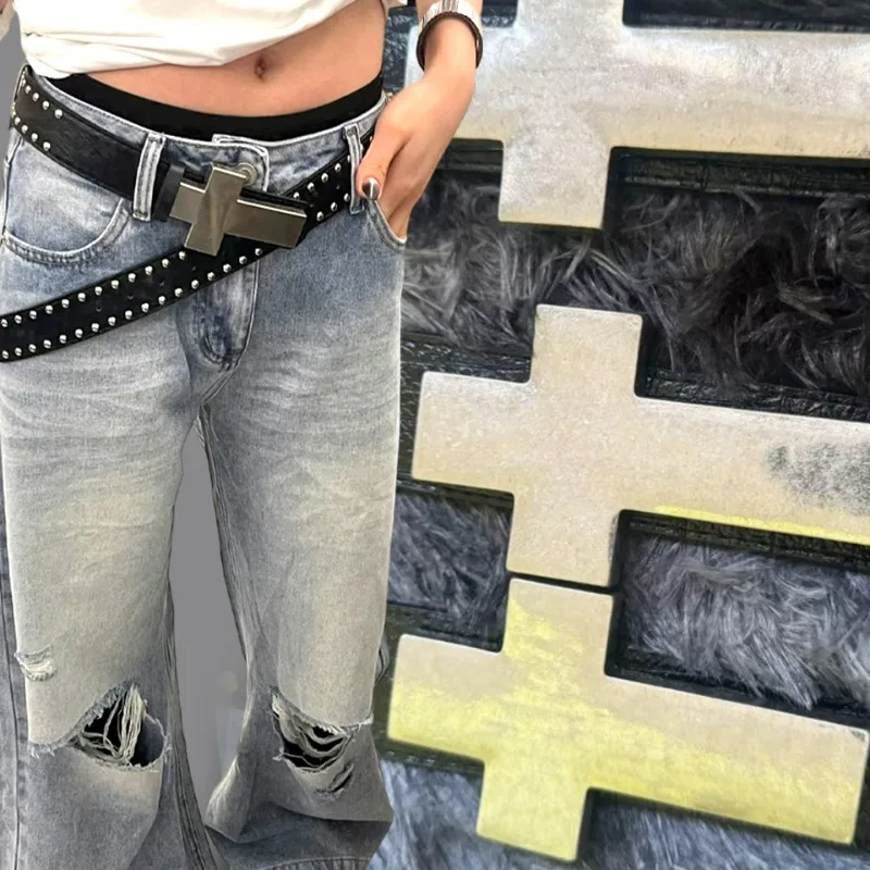 Street Style Metal Cross Waistband Punk Hip Hop Black PU Leather Waist Belt for Jeans Pants Alloy Buckle Board Buckle Waist Belt