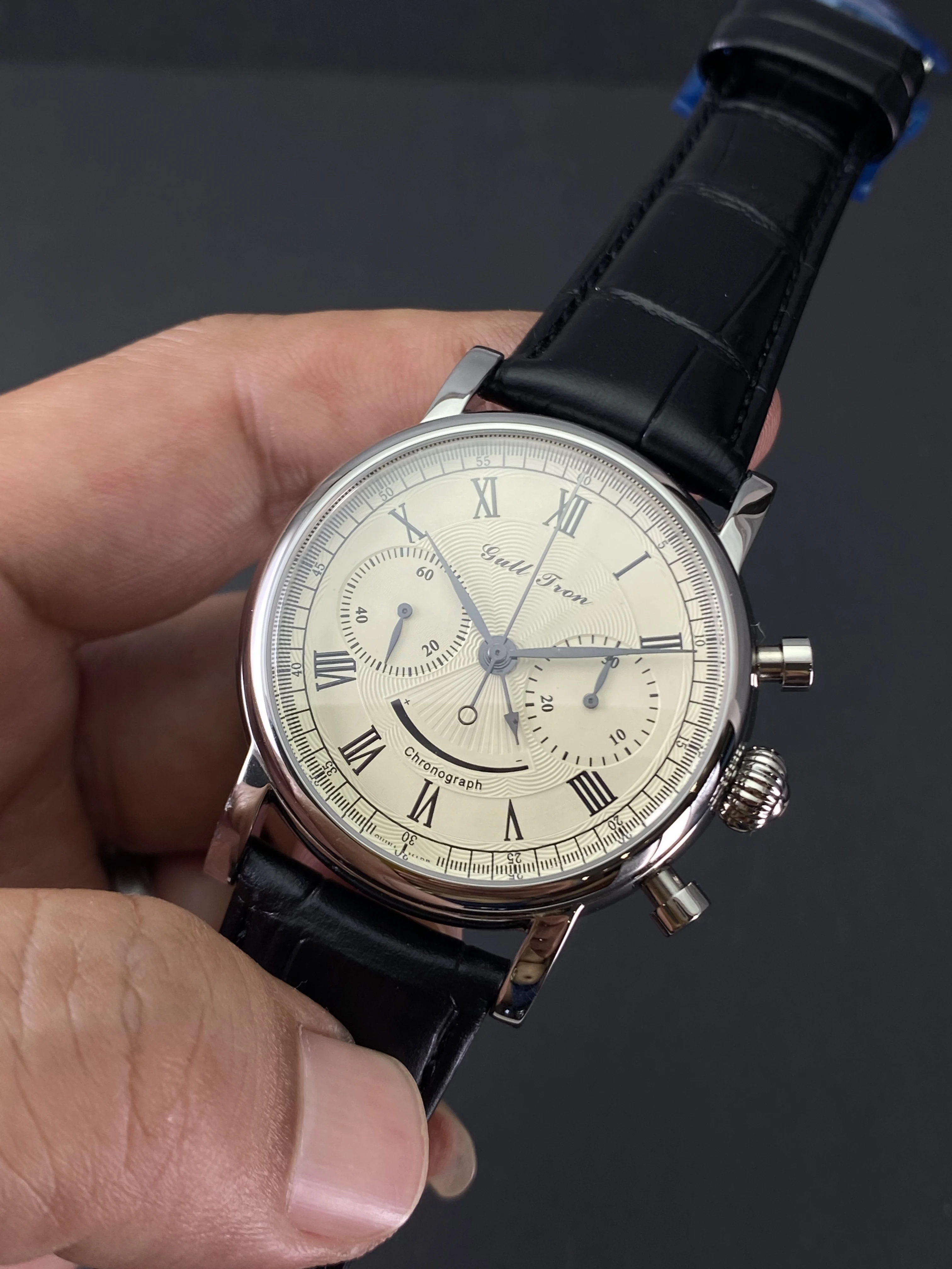 42mm Luxury Dress Chronograph Watch, Manual‑Winding, Power Reserve Indicator, Ivory Dial, Roman Numerals, Sapphire Crystal,