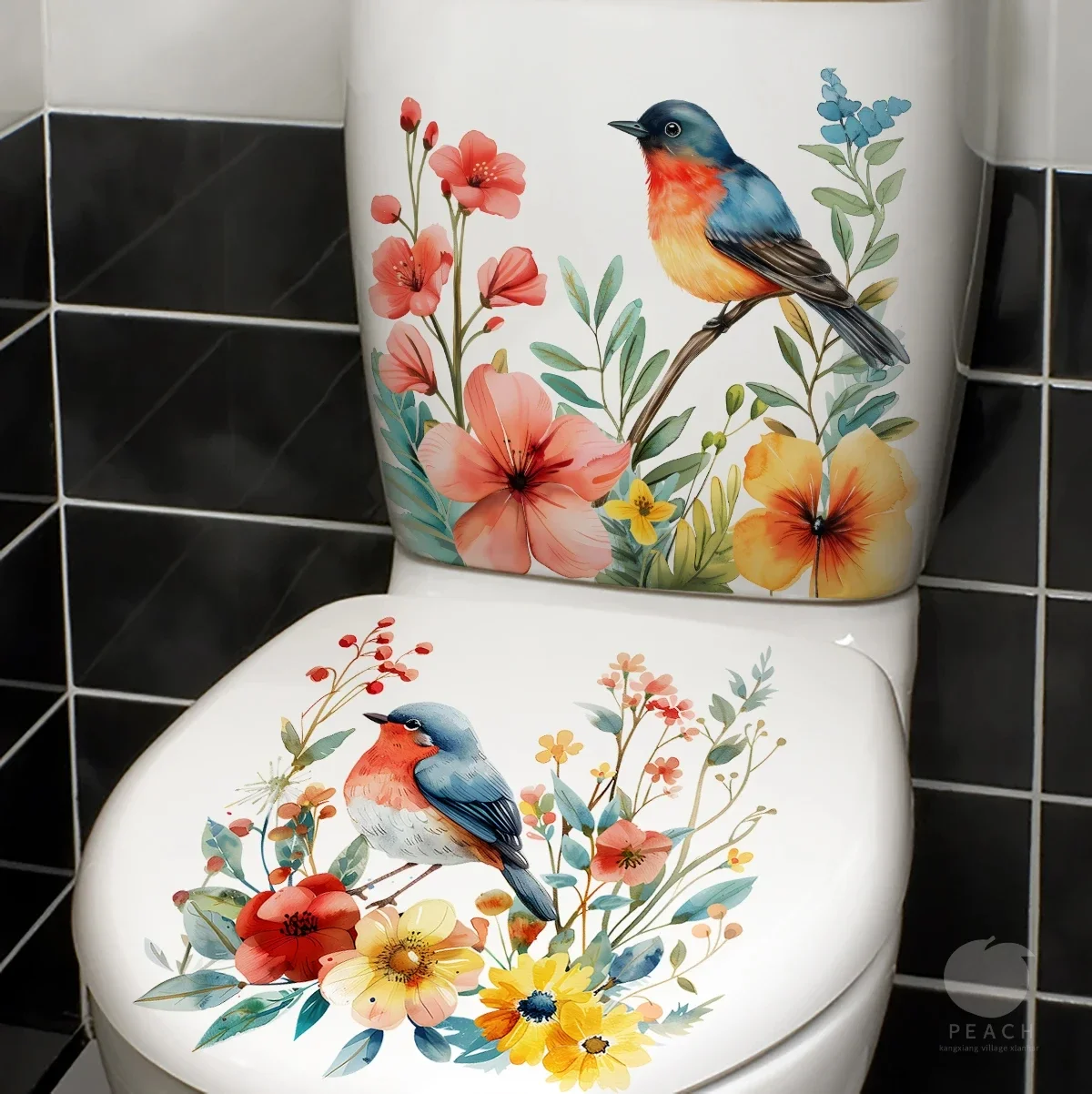 2PCS DIY bathroom sticker bird flower design for bathroom water tank decoration toilet sticker detachable waterproof