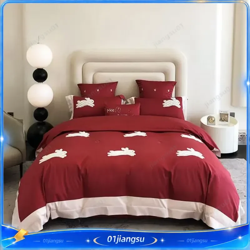 100 Thread Count Pure Cotton Bedding Set 4 Piece High End Long Staple Cotton Duvet Cover Sheet Pillowcase Big Red Wedding