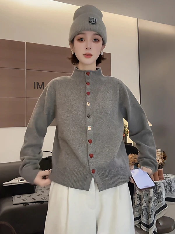 

Женский вязаный кардиган с высоким воротником на пуговицах, свободный крой, стройнящий эффект, новинка 2026 года, корейский стиль, длинный рукав