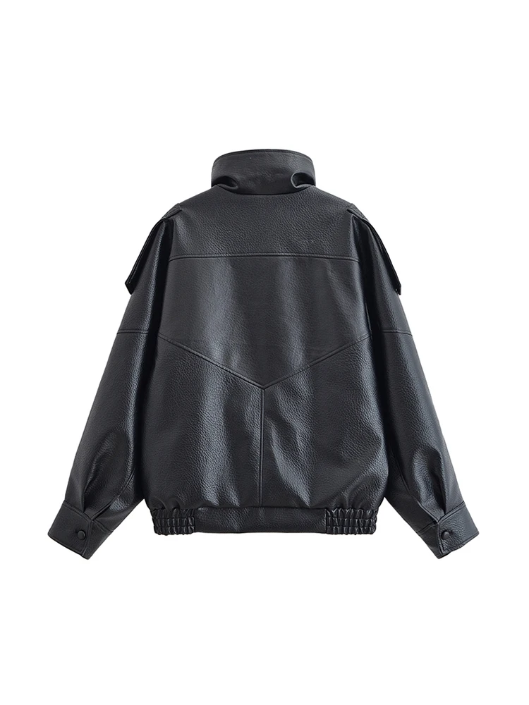 Women's Fashion Faux Leather Oversized Jacket Long Sleeve Front Zipper Chic Outerwear Female Tops