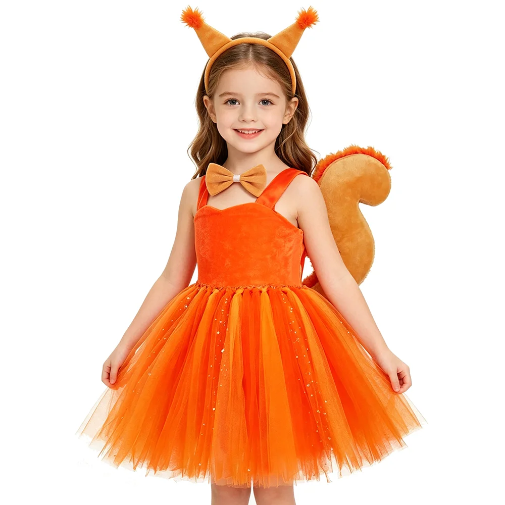 Girls Orange Squirrel Tutu Dress with Ears Bow Big Plush Squirrel Tail Kids Forest Animal Costumes for Halloween Carnival Party