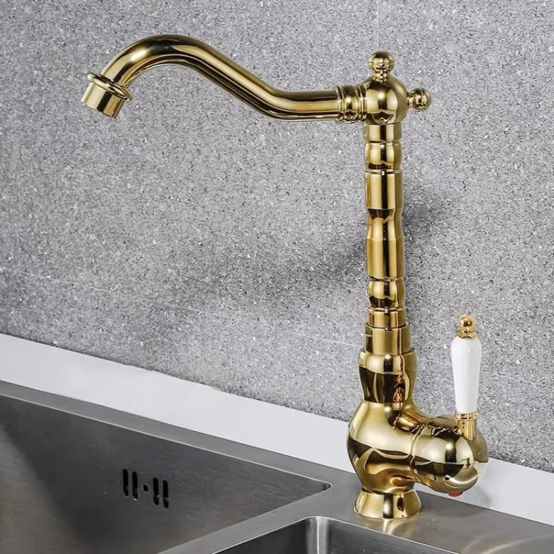 French all-copper gold faucet, kitchen sink, vegetable basin, hot and cold faucet, seated single-hole balcony faucet