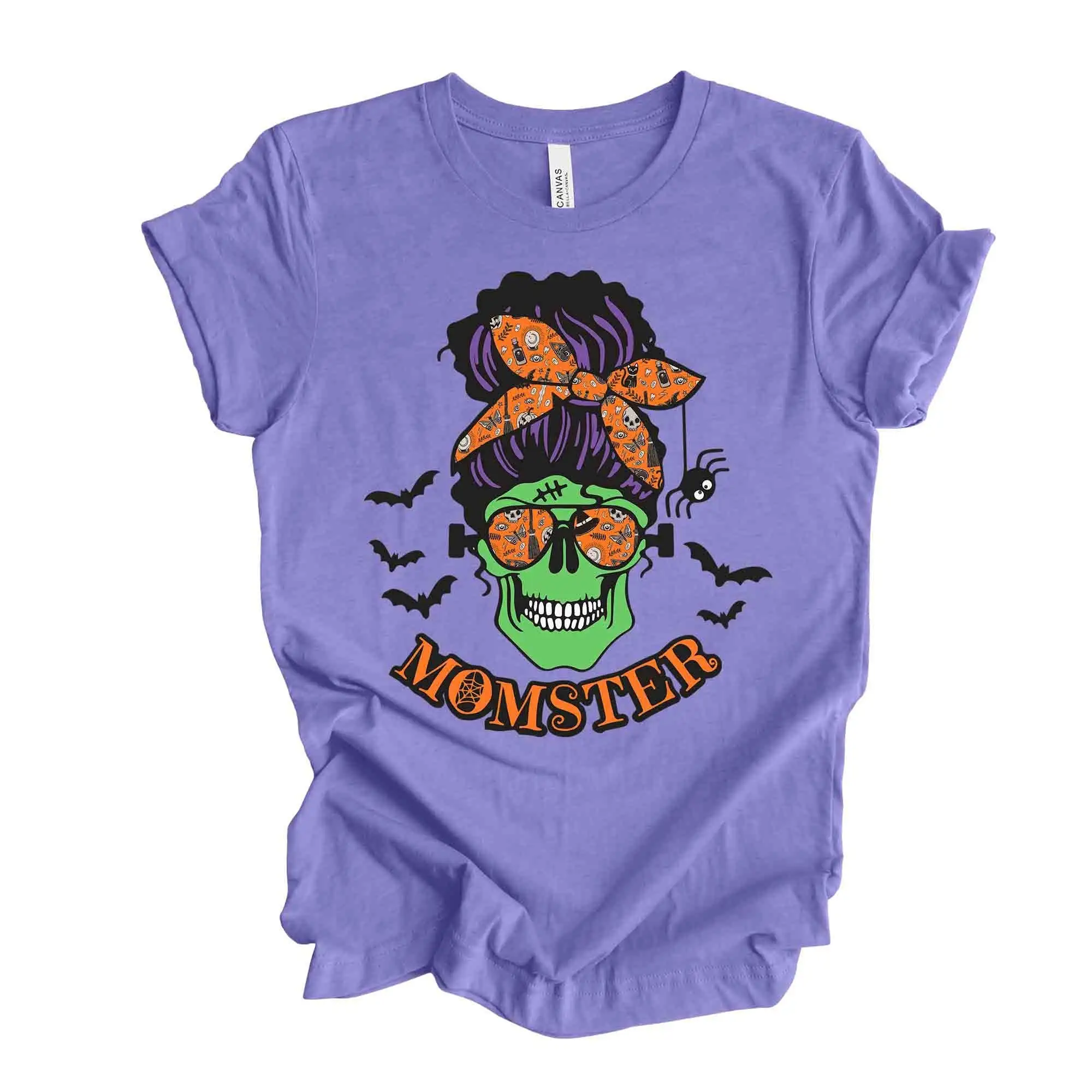 Halloween T Shirt Cute Momster With Green Skeleton Head And Bats Premium Unisex 3 Color Choices 3X 4X Plus Size