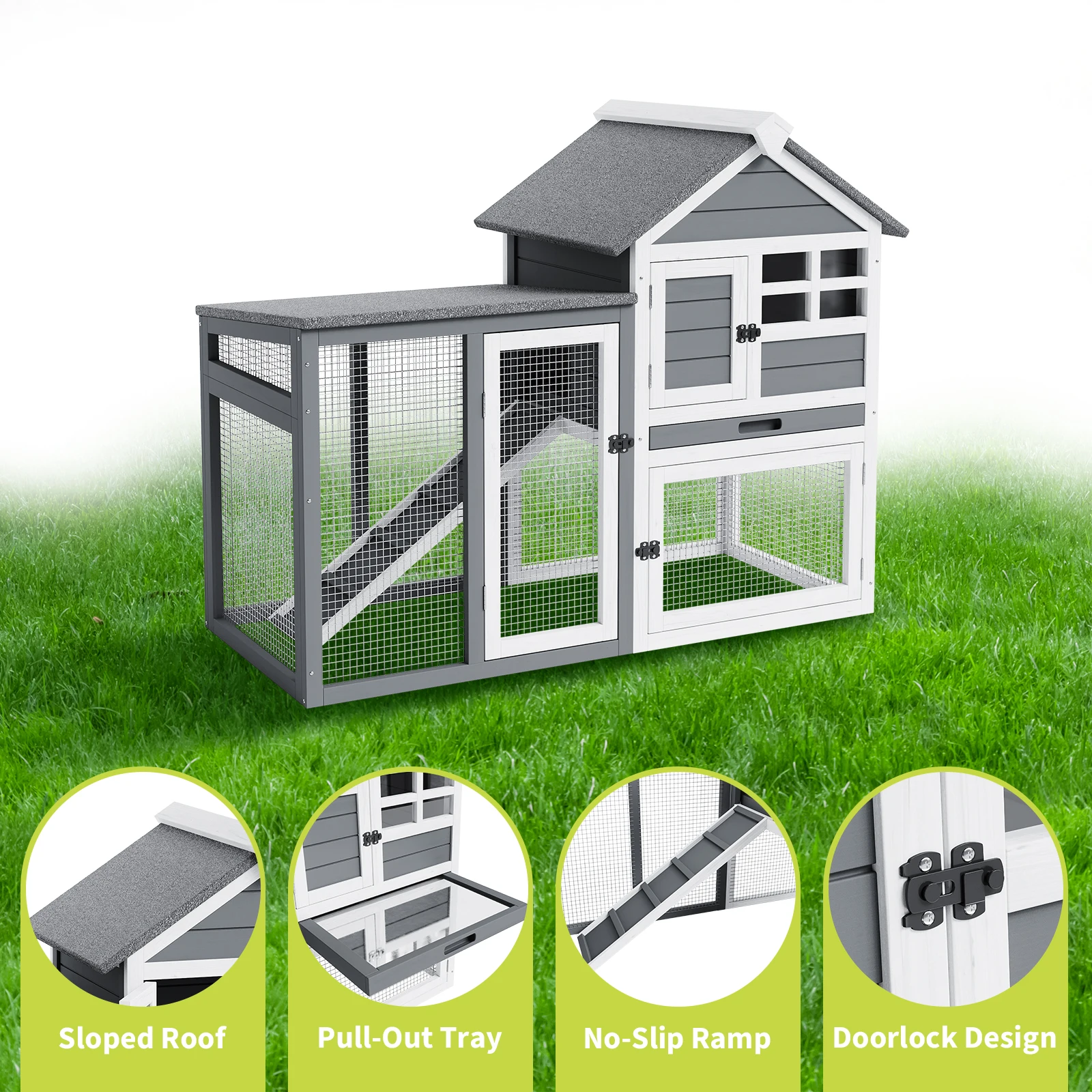 Spacious 2-Story Wooden Small Animal Cage for Indoor/Outdoor – Waterproof Roof, Pull-Out Tray, Lockable Doors, Anti-Slip Ramp – Ideal Hutch for Rabbits, Chickens, Ducks, Guinea Pigs, Quails
