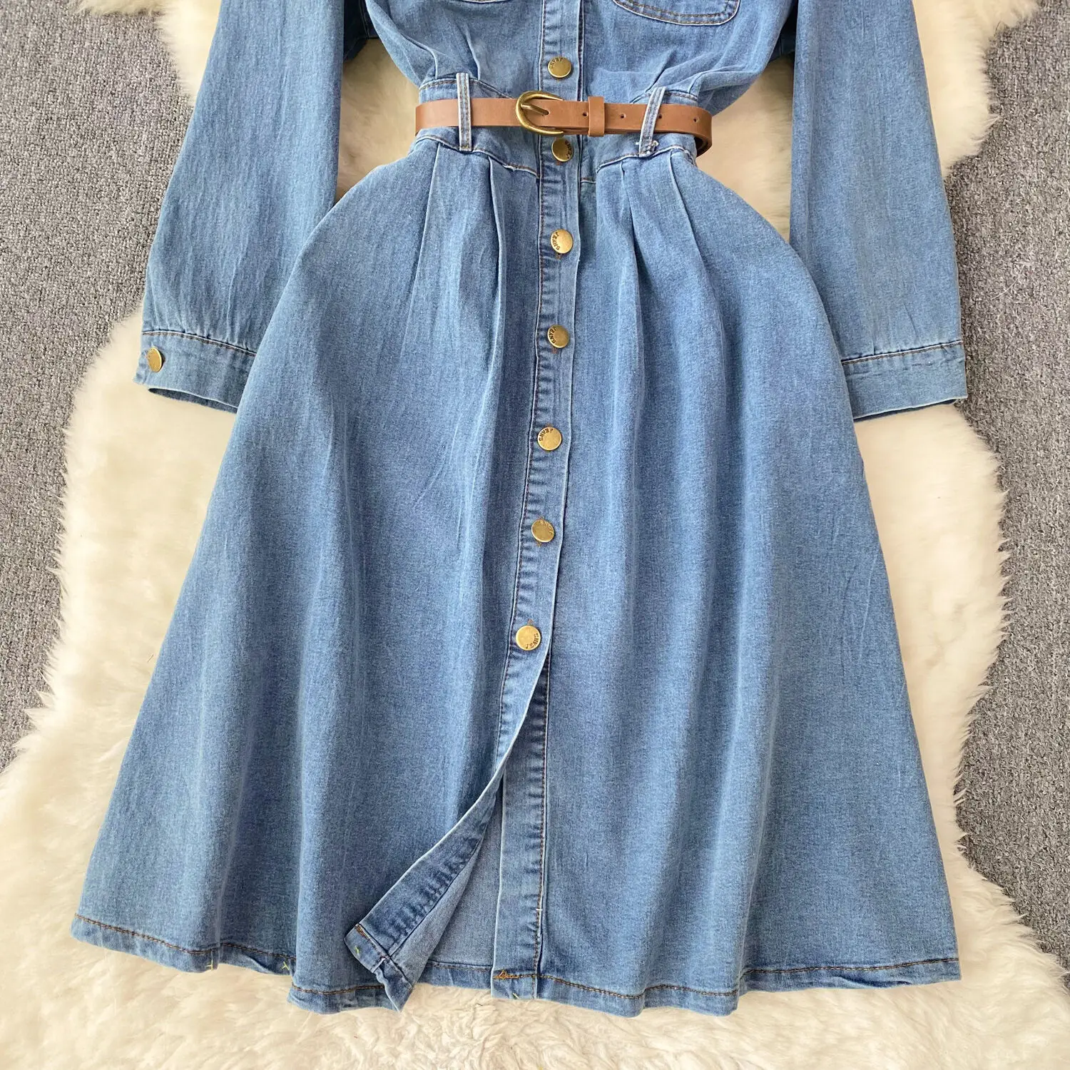 Washed Denim Dress For Women\'s Autumn New High-end Feeling Shows A Slim Waistband And Single Breasted Long Jean Dress