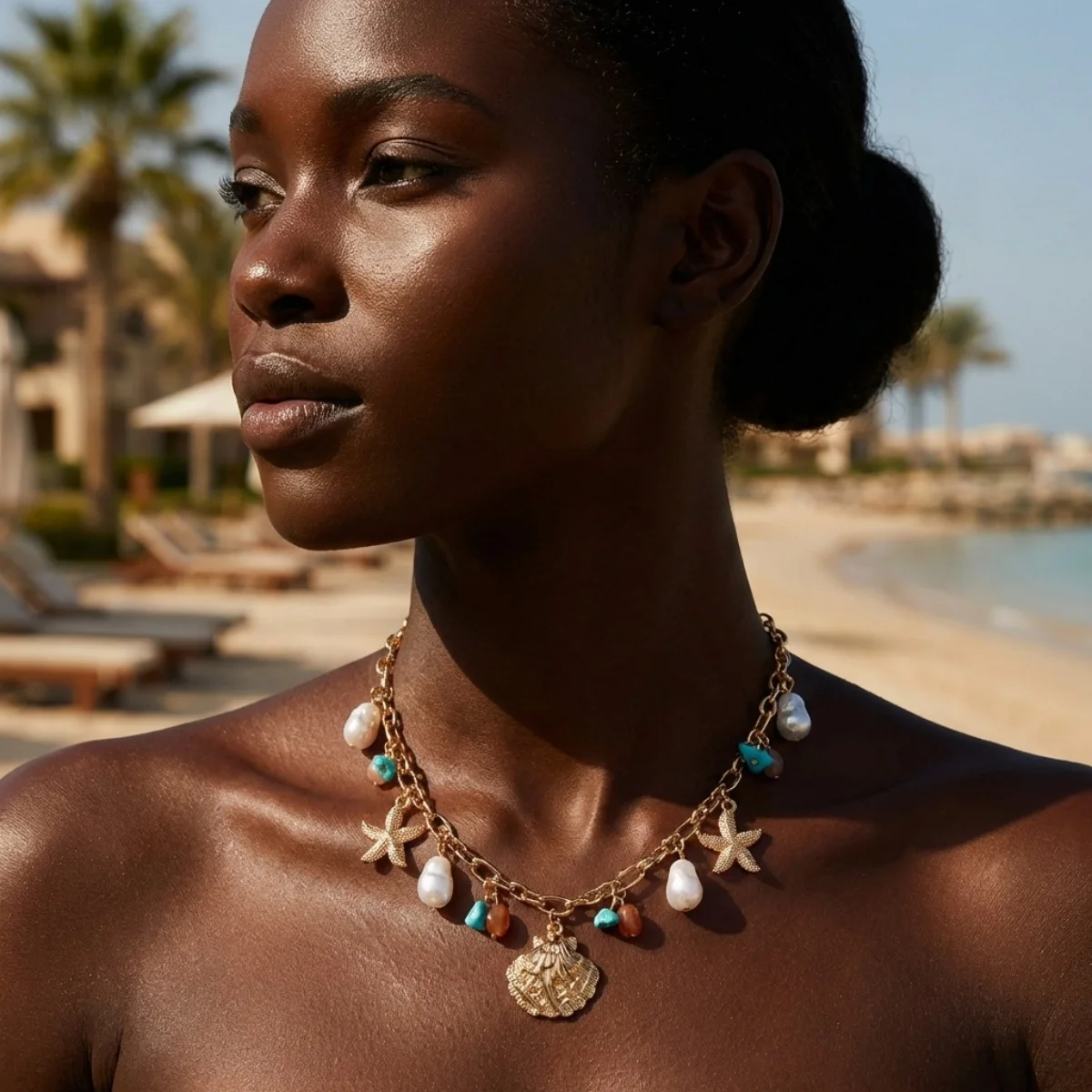Sommerliche Muschel-Seestern-Imitationsperlen-Quasten-Anhänger-Halskette für Damen und Herren – Seepferdchen, Fisch, Muschel, Schildkröte, Delfin Choker-Schmuck – Detail 5