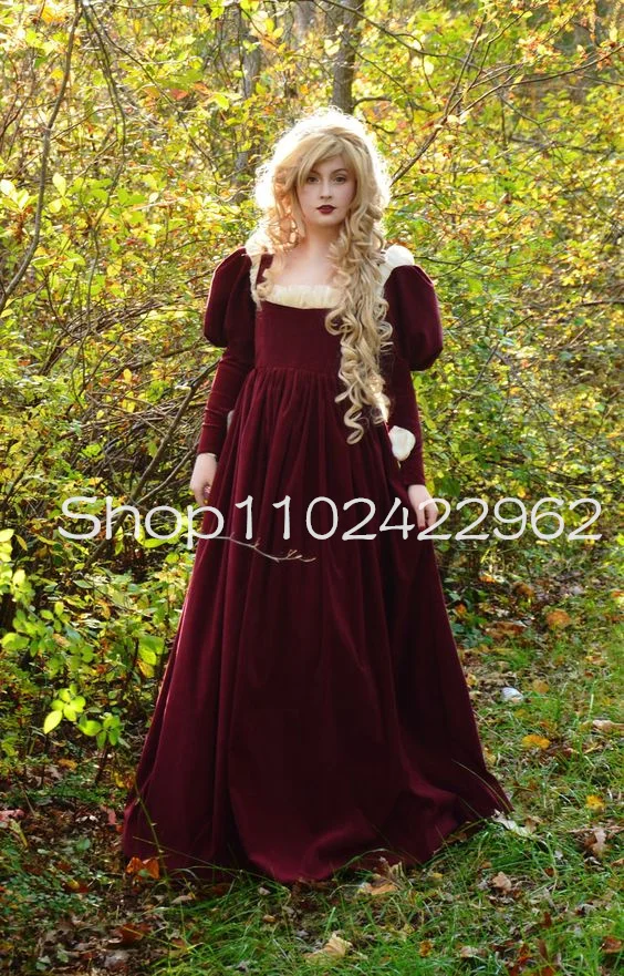 Burgundy Maroon Italian Renaissance Prom Dresses Fairy Long Sleeve Velvet Sequare Neck Costume Civil War Evening Gown