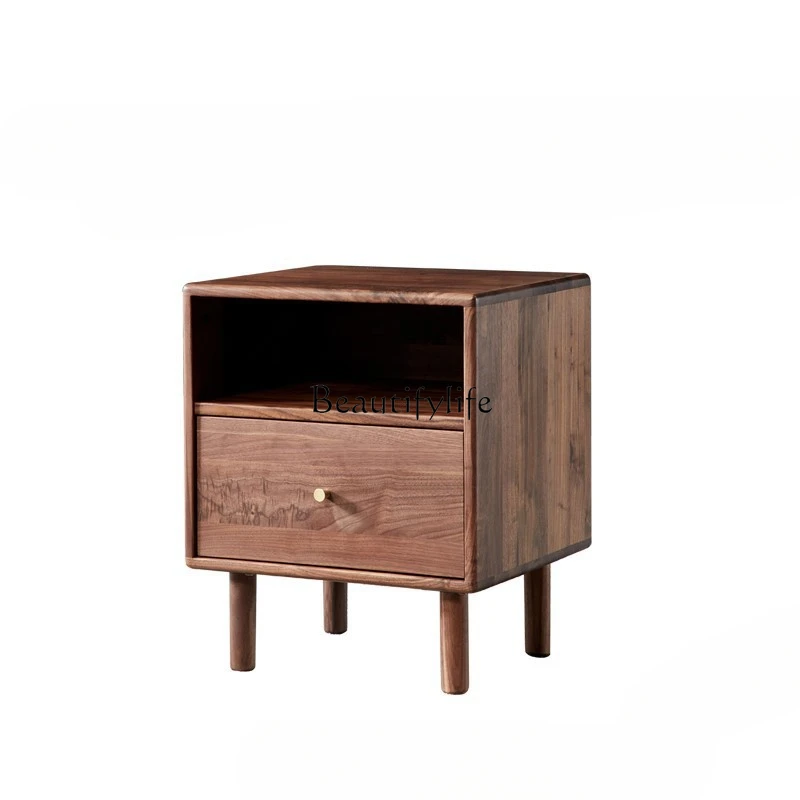 Black walnut all solid wood bedside table small apartment Nordic bedside storage cabinet