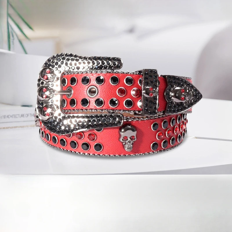 西洋風スカルラインストーンpuレザーレディースベルト、パンク・ヒップホップ・エモ風合金ピンバックルジーンズ、カジュアルパンツ