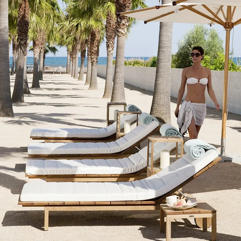 Outdoor solid wood bed courtyard swimming pool lounge chair open-air garden sun protection beach chair