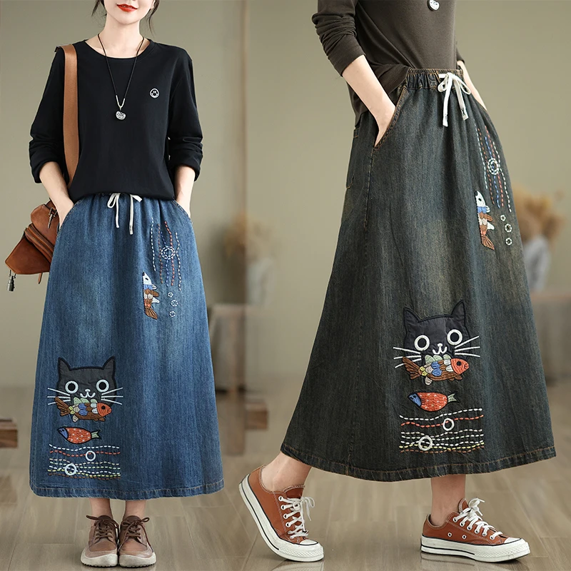 Retro Cartoon Animal Embroidery Denim f Skirt Thin Spring Summer High Waist Elastic Waisand Vintage Patchwork Slimming M...