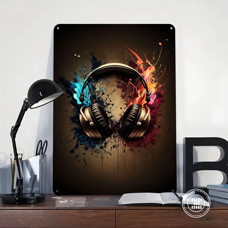 Headphones Music Tinplate Posters Customizable Wall Art Retro Vintage Metal Signs for Home Room Office Decoration Gaming Garden