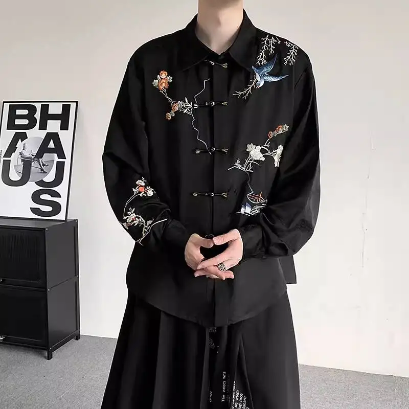 WVGA 2026 Spring New Chinese Style Floral Embroidery Button Trendy Long Sleeve Shirts Niche Chic Casual Darkwear Tops Ins W18413