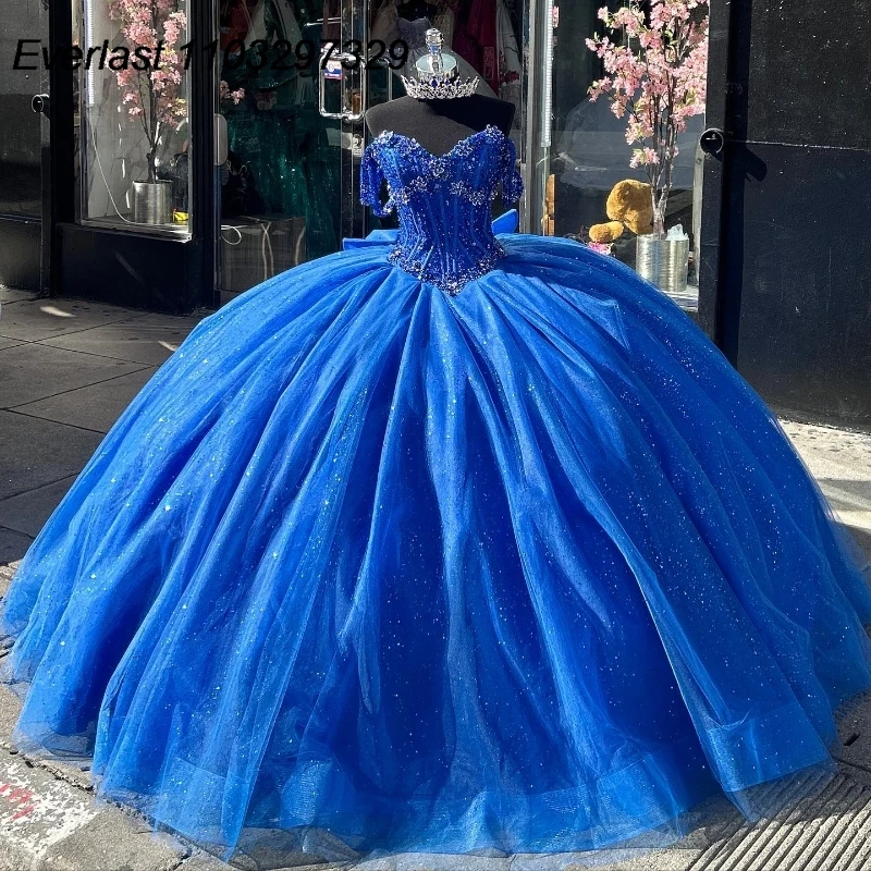 

Блестящее ярко-синее платье EVLAST для Quinceanera, бальное платье, Кружевная аппликация, отделка бисером, искусственная кожа, милое 16 платье для 15 лет TQD479