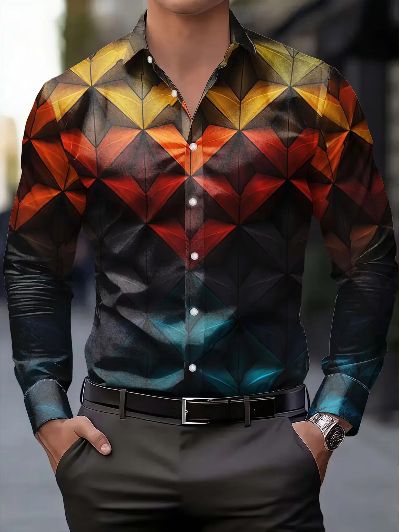 New black background neon moon night tree shadow print men's long sleeved shirt trendy street style casual shirt