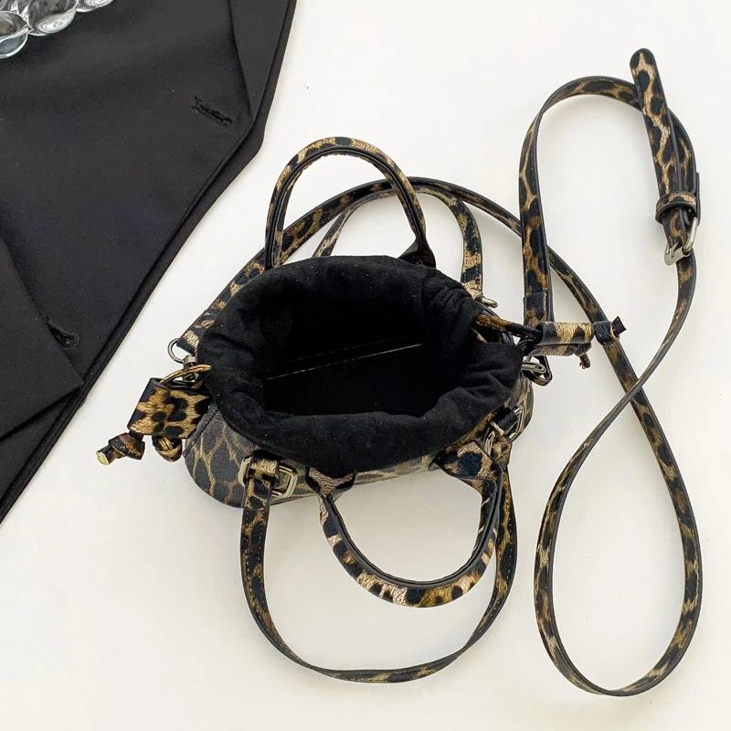 Mini Cheetah Checkerboard Print Handbag Female Evening Party Cosmetic Phone Drawstring Clutch Bag PU Small Shoulder Bag