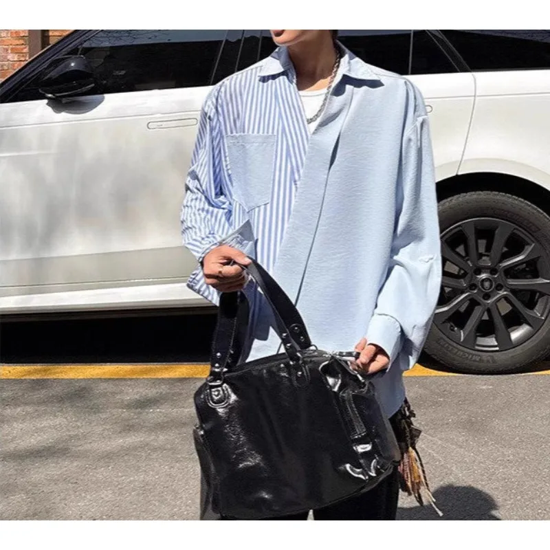 Shirt Men's Summer New Korean Splicing Fashion Shirt Loose V-neck Casual Long-sleeved Bottoming Trendy Shirt