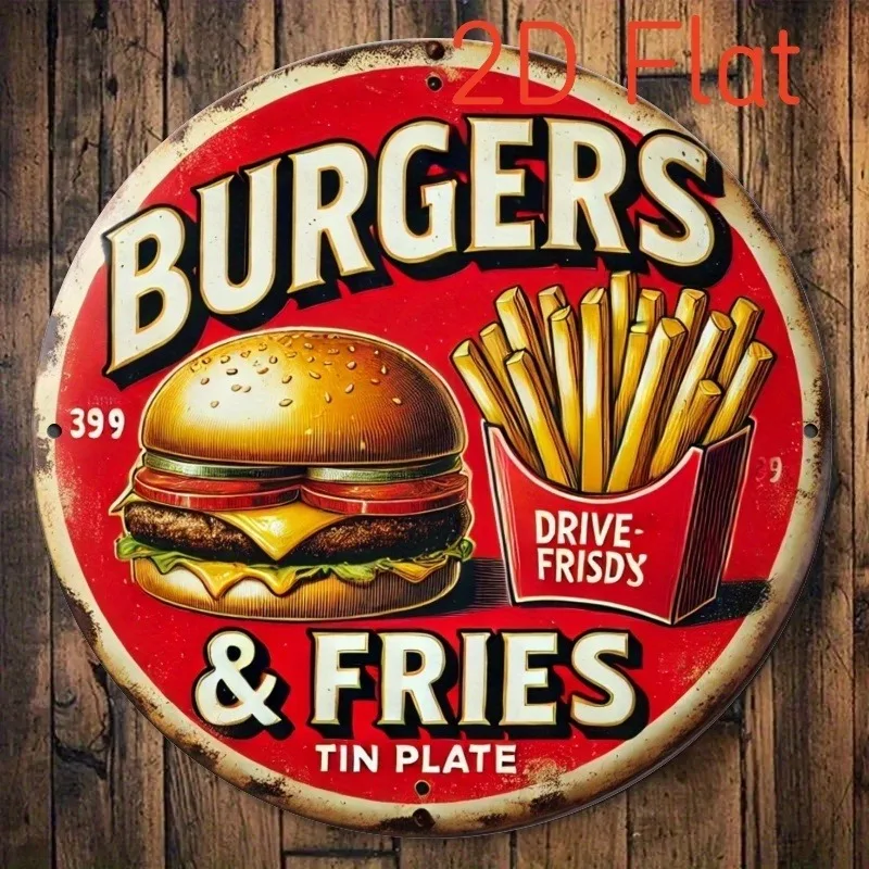 2D Flache Hamburger-Wanddekoration, Retro-Holzschild rund für Küche & Café, 8x8 Zoll