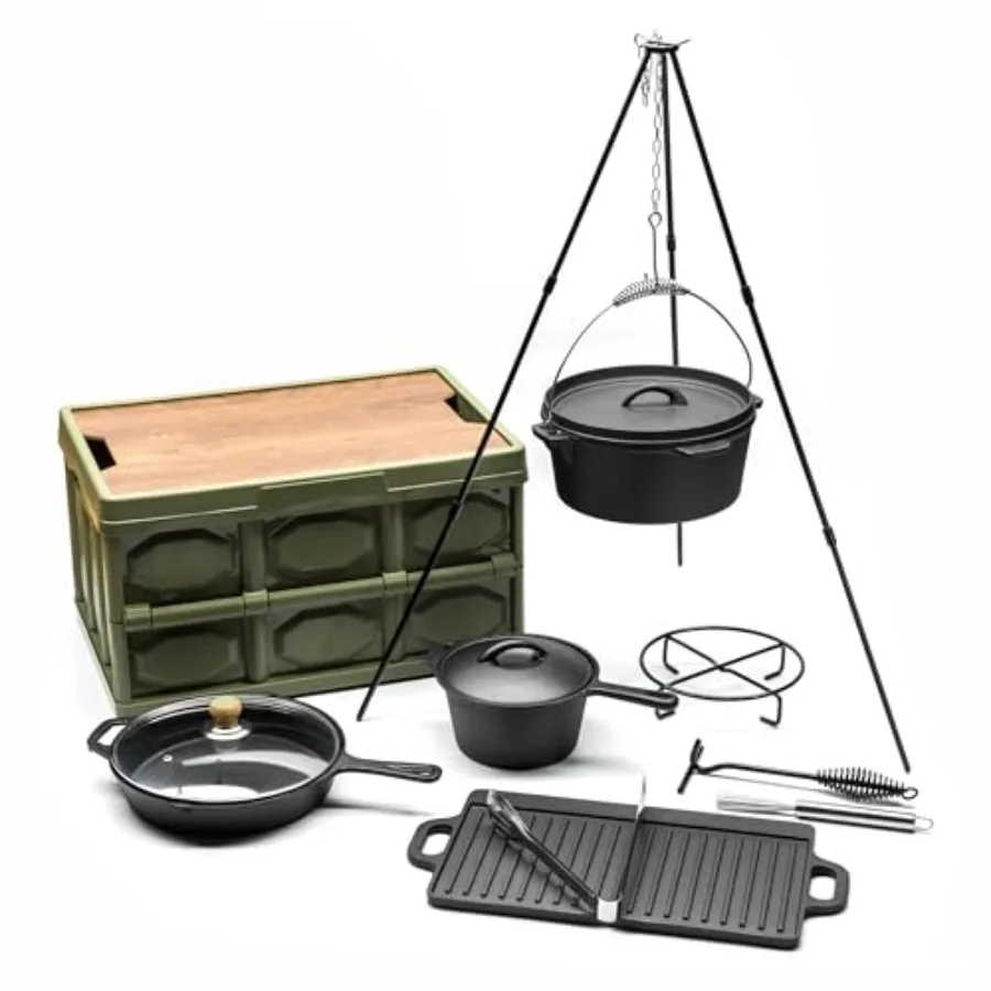 8 Piece cast iron dutch oven camping set. 4.5 Qt cast iron pot with lid and Lifter Handle 2.1qt pot handle with lid 10In Pans C