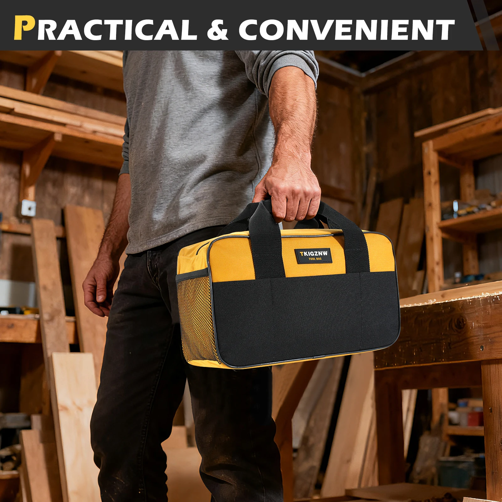 TKIGZNW B013-14inch Small Tool Bag Wide Mouth for Man/Woman Yellow Durable Storage Organizer for Hand Tools