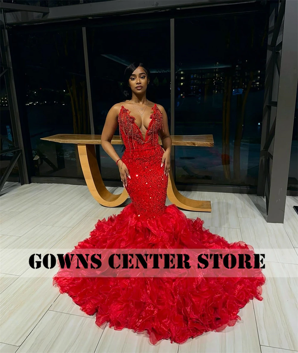 Hand Make Crystal Tassels Red Sweetheart Luxury Prom Dresses Black Girls Baddie Dresses For Birthday African vestidos Customized