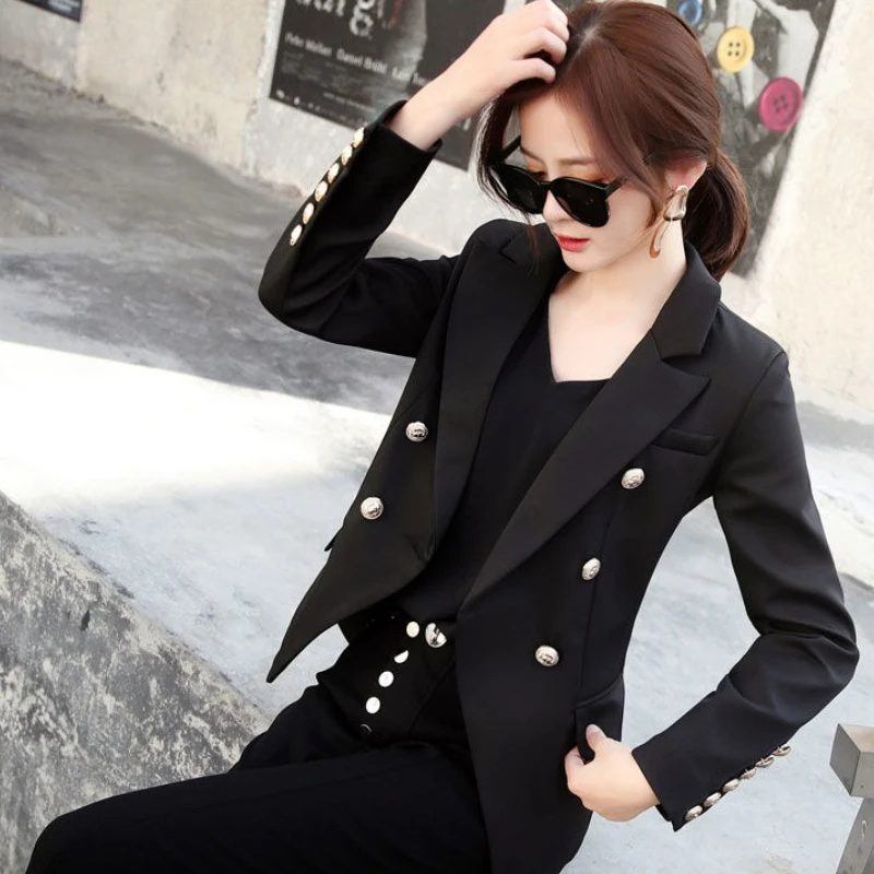 

Женский роскошный черный пиджак премиум-класса с длинными рукавами и пуговицами, облегающее талию, осенне-зимнее новое поступление, пальто