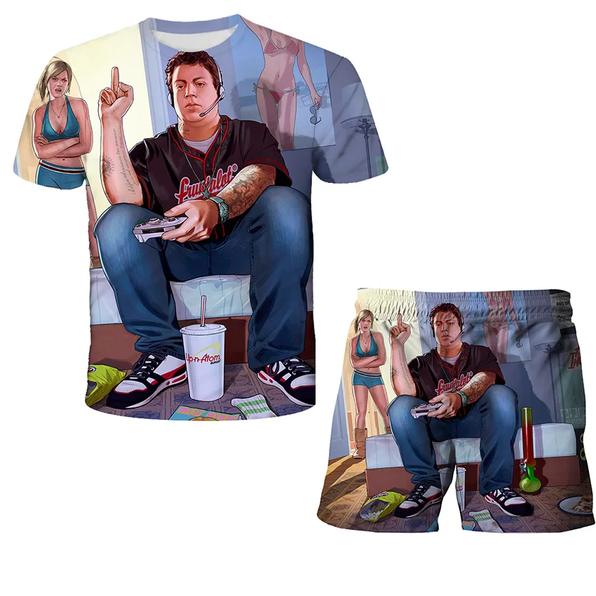 Anime Grand Theft Auto Gta 3d Print Tshirts Set Children Tshirt Short Pants 2pcs Suit 4-14 Years Kids Fashion Short Sleeve Sets