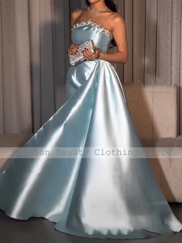 Luxury Evening Dresses for Women 2025 Sky Blue Satin Side Slit Column Evening Gown Long Draped Beaded Rhinestone Party Dress