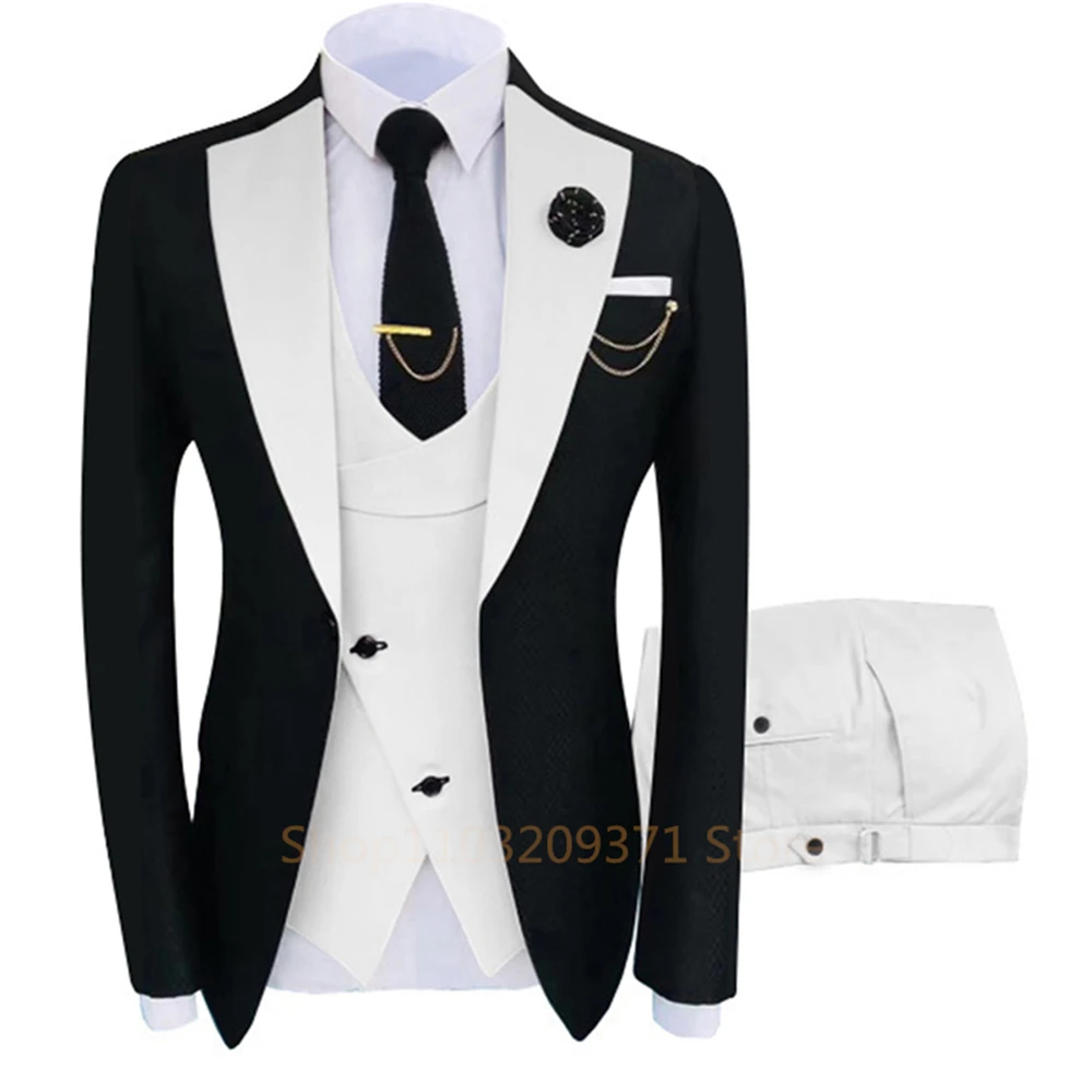 Men\'s Suit 2024 Peak Lapel Slim Fit Casual Tuxedos Groom Tailor Made 3 Pieces (Blazer+Pants+Vest) Full Set Elegant Suit for Men