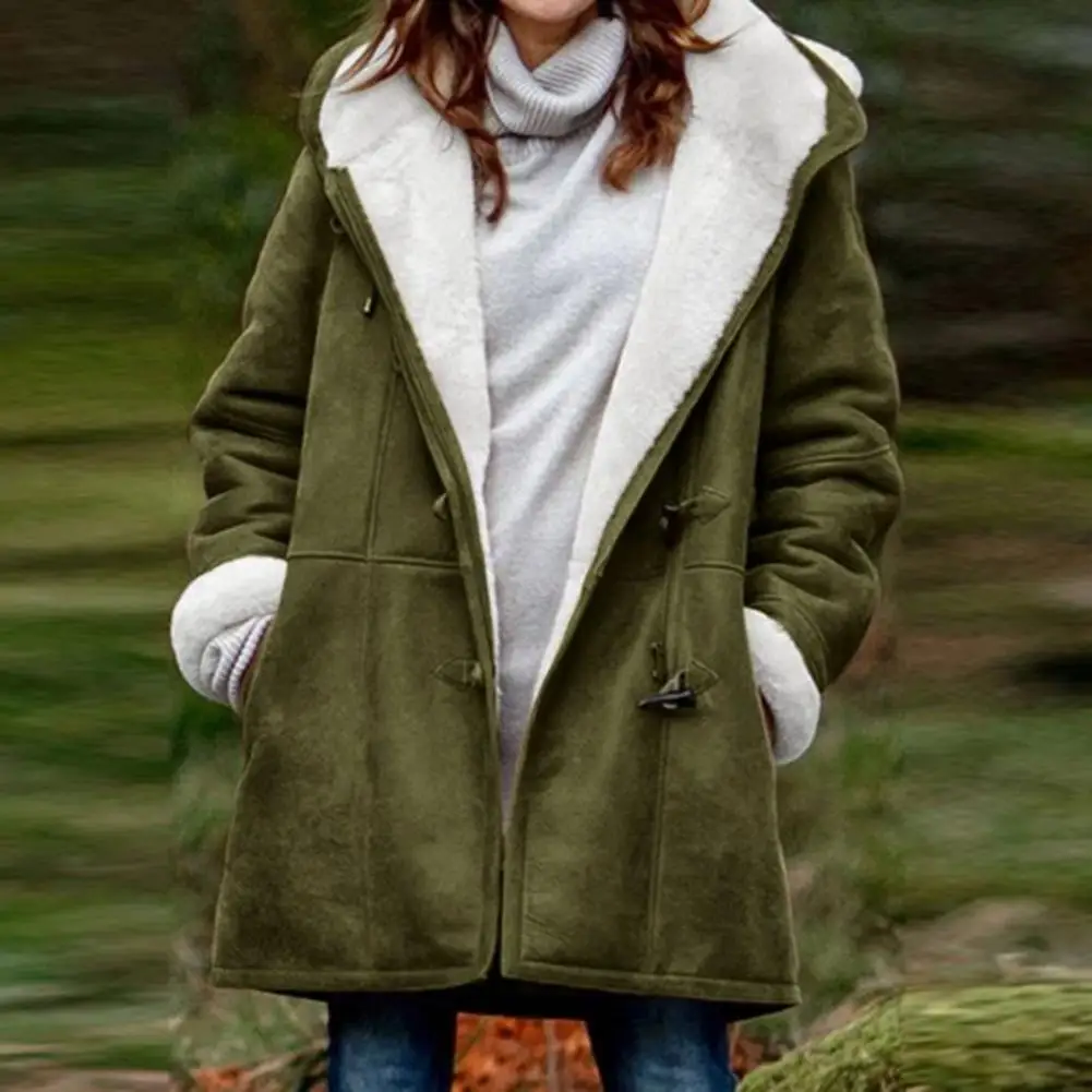 Chaqueta de felpa con capucha para mujer, abrigo de invierno a prueba de viento, resistente a media longitud, características, chaqueta gruesa suave con botones