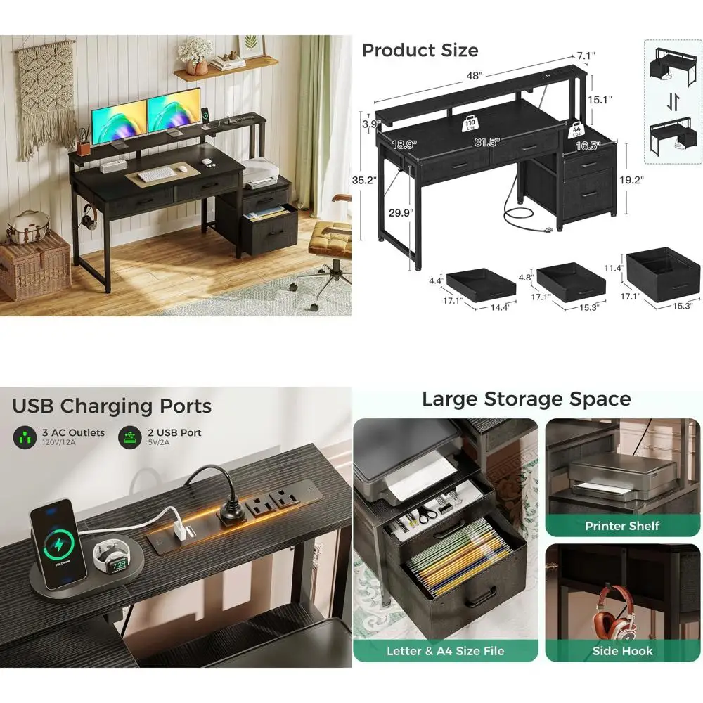 

Письменный стол 48 с 4 ящиками, полкой для принтера, розеткой, идеально подходит для мониторов и небольших домашних офисов, черный цвет