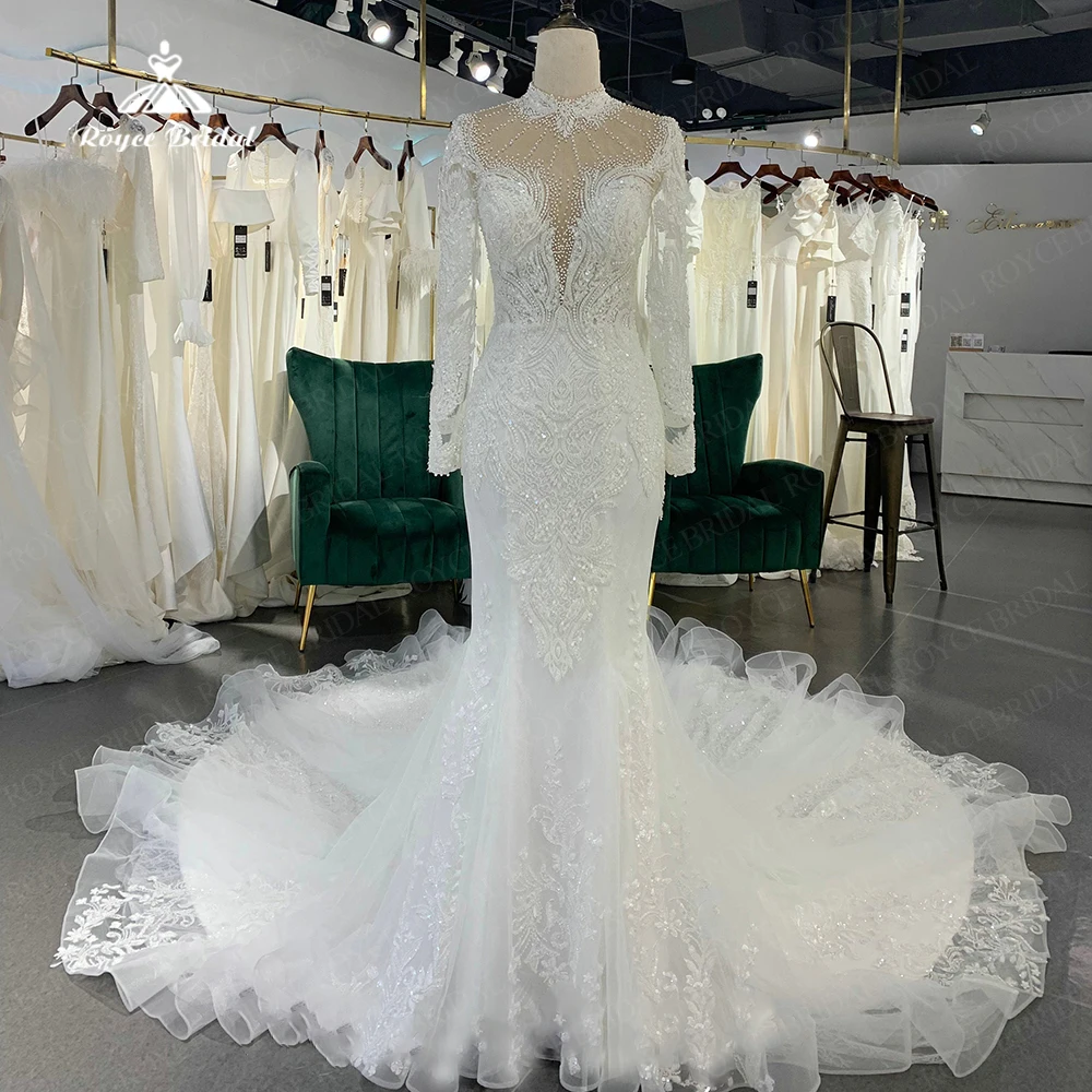 

Exquisite Long Sleeve Wedding Dresses Boho Vestidos De Novia Con Pedreria y Cristales Chapel Train Bridal Gown Vestido Blanco