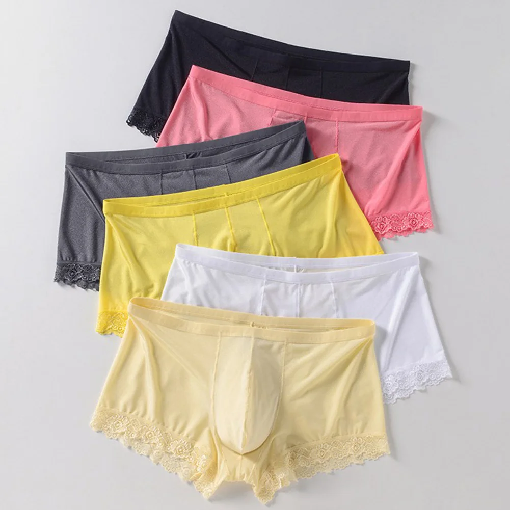 

Men Seamless Thin Lace Trunks Boxer Shorts Ice Silk Bikini Solid Gay Sissy Bulge Pouch Stretch Adult Underwear Men's Panties