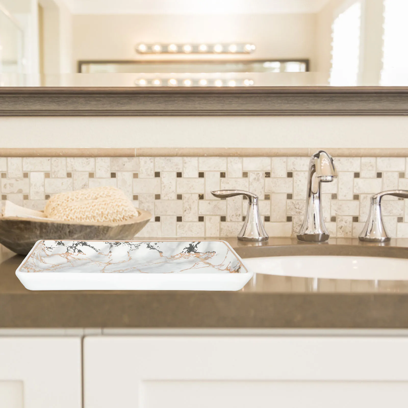 

Bathroom Storage Tray Marble Pattern Rectangular Organizer Vanity Tray Decorative Toiletries Holder for Home