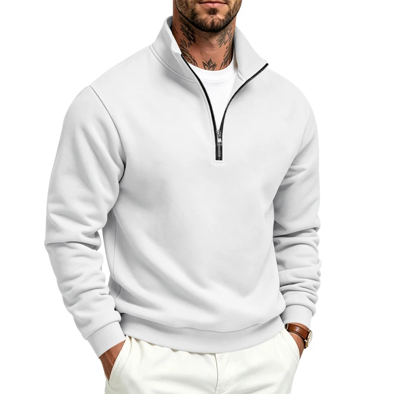 Herren-Sweatshirt mit Fleecefutter für Herbst und Winter, Stehkragen, halber Reißverschluss, langärmelig, einfarbig, warme Freizeitjacke – Detail 1