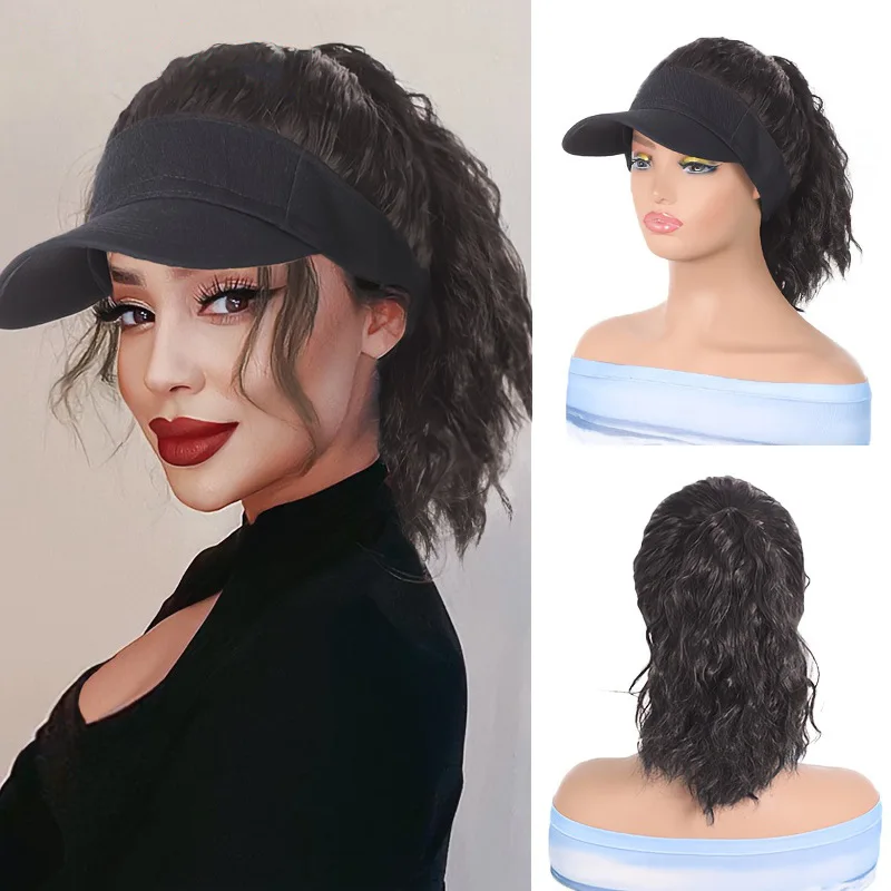 Women's High Temperature Fiber Synthetic Curly Wave Ponytail Wig with Adjustable Buckle Net Baseball Cap - Summer Sporty
