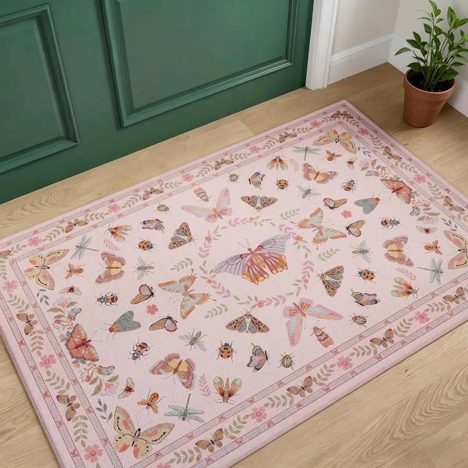 Washable Pink Bug Area Rug, Soft Boho Non Slip Print Carpet, Thin Entryway Mat for Kitchen Bathroom Bedroom Laundry Room