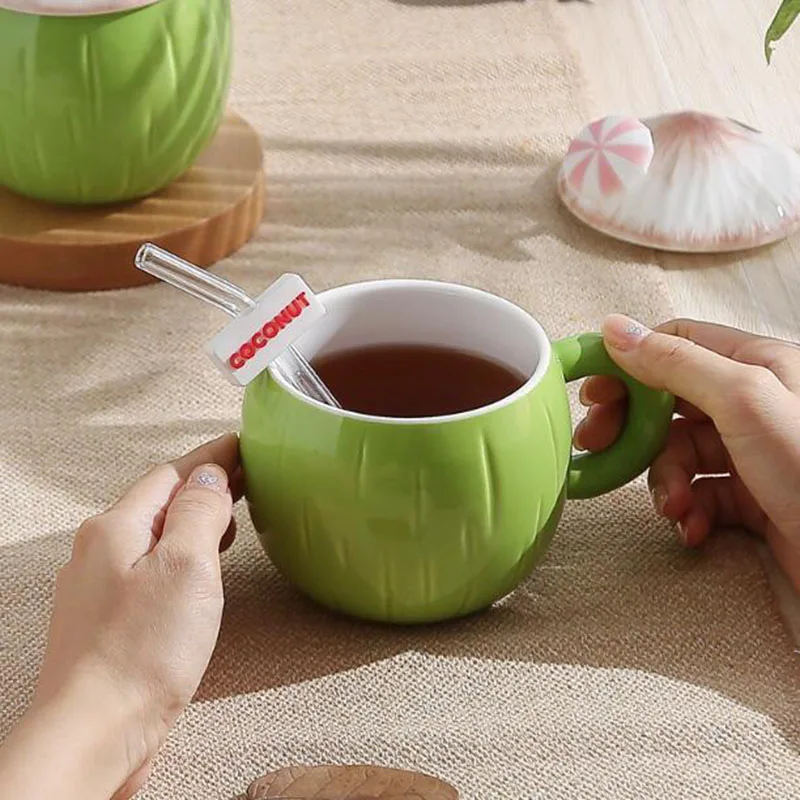 Creative Summer Coconut Mug Cute Porcelain Coffee Mug Big Capacity Milk Cup with A Straw Kitchen Drinkware 430ml
