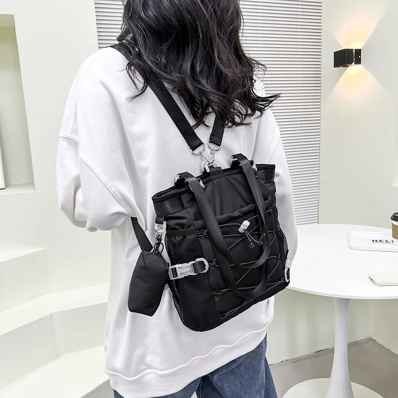 Women's Shoulder Bag Fashion Commuter Nylon Multi-function Backpack Drawstring Zipper Solid Color Handbag Personality All-match