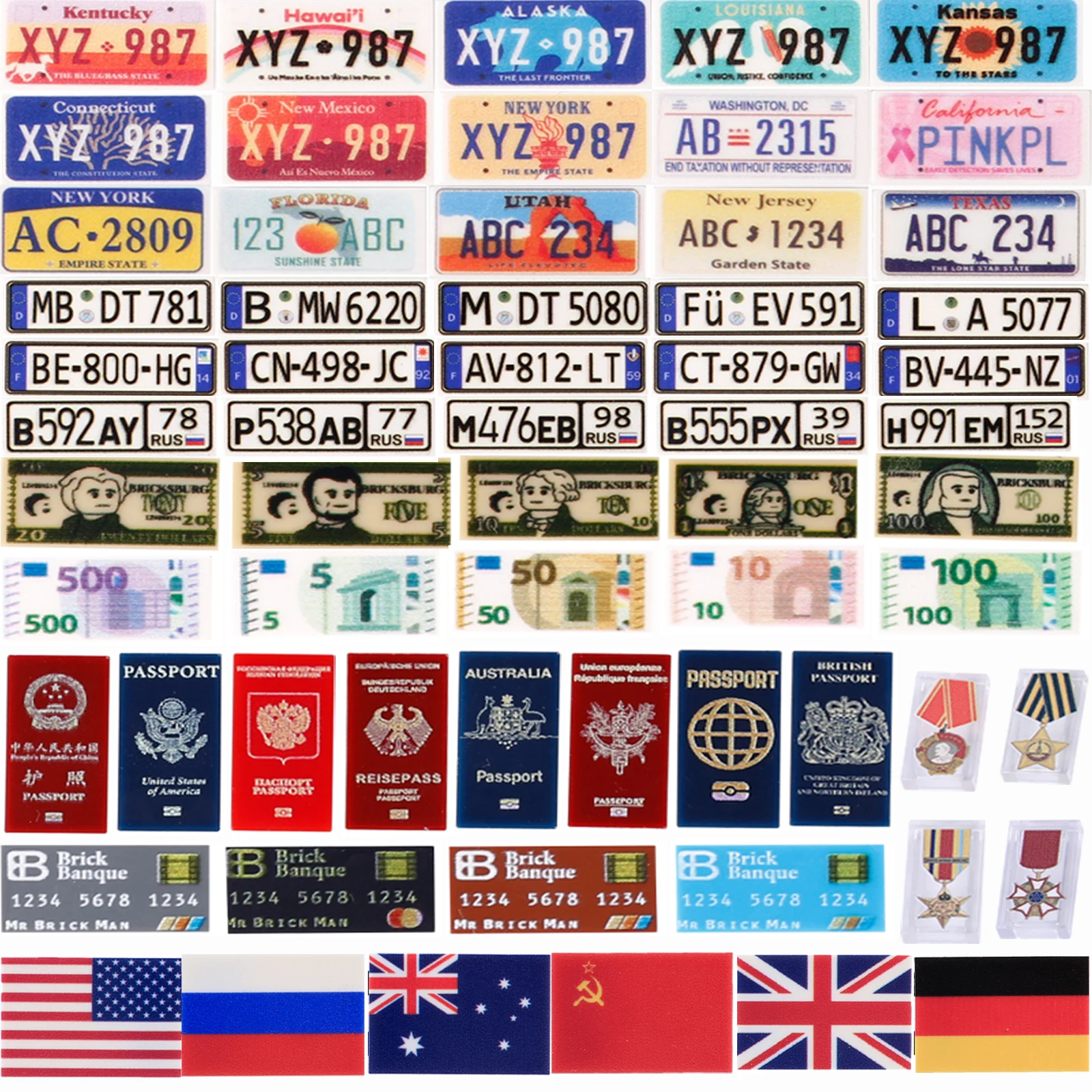 MOC Money Building Blocks Kit Printed Tiles 1x2 Money Printed Bank cards passport DIY Accessories Brick Toys Boys Gift