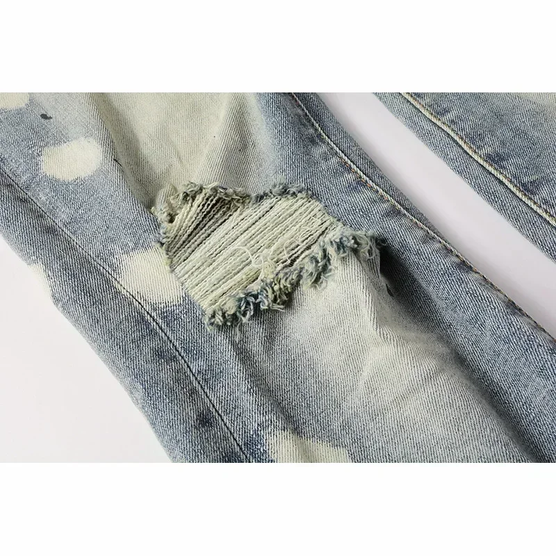 

Men's High Streetwear Distressed Light Blue Stretch Skinny High Qaulity Brand Holes Ripped Jeans y2k pants