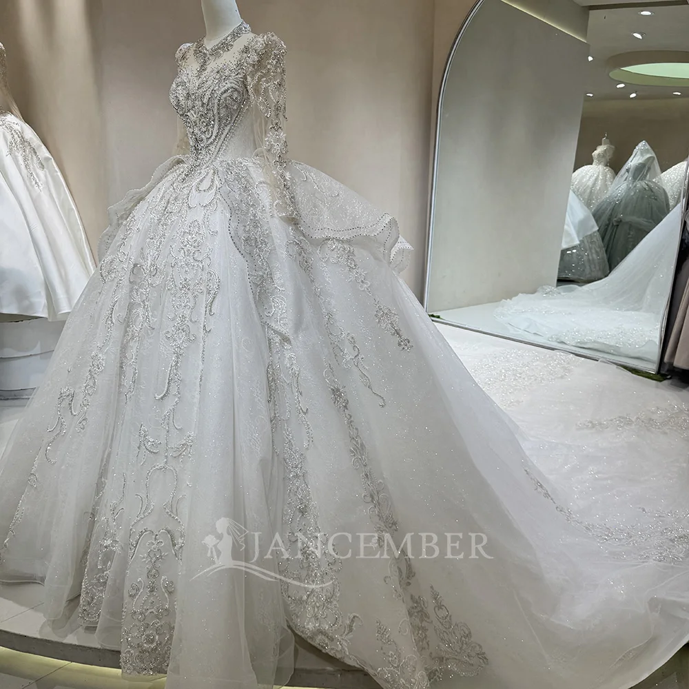 Vintage Wedding Dresses O-neck Shiny Organza Long Sleeves Ivory Bridal Gown Princess Bride Dress Customized vestidos de novia